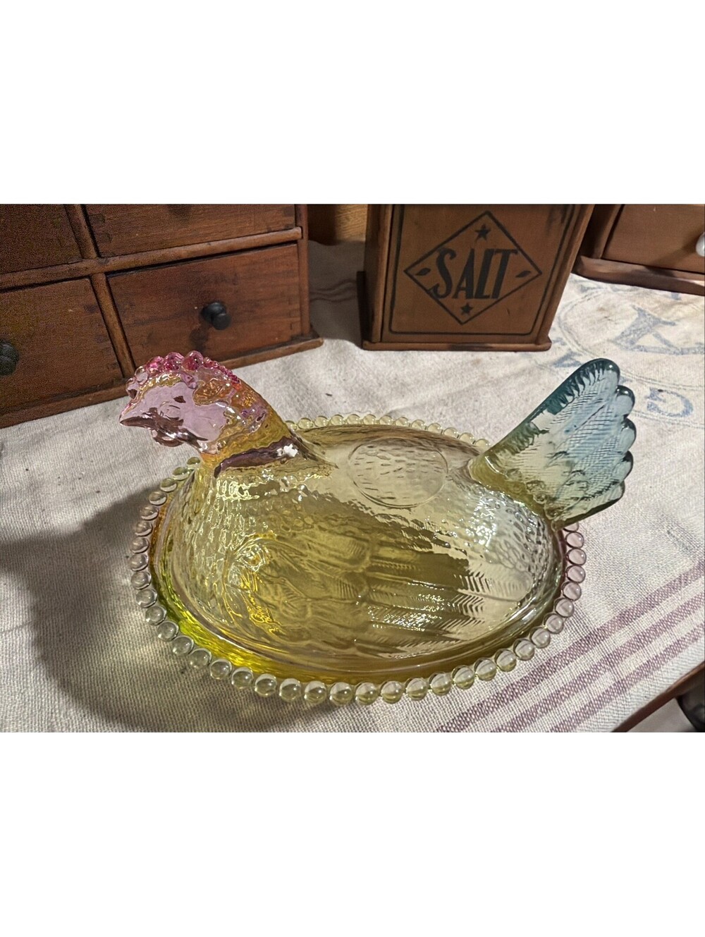 Pastel Rainbow Glass Hen on a Nest 2 piece 7” Country Farmhouse Cottage Decor - Picture 2 of 9